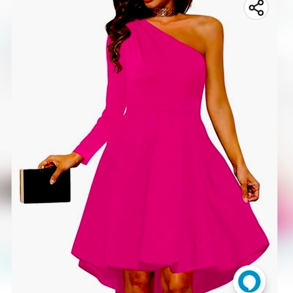 New SARIN Mathews One Shoulder Long Sleeve A-Line High Low Skater Cocktail Pink